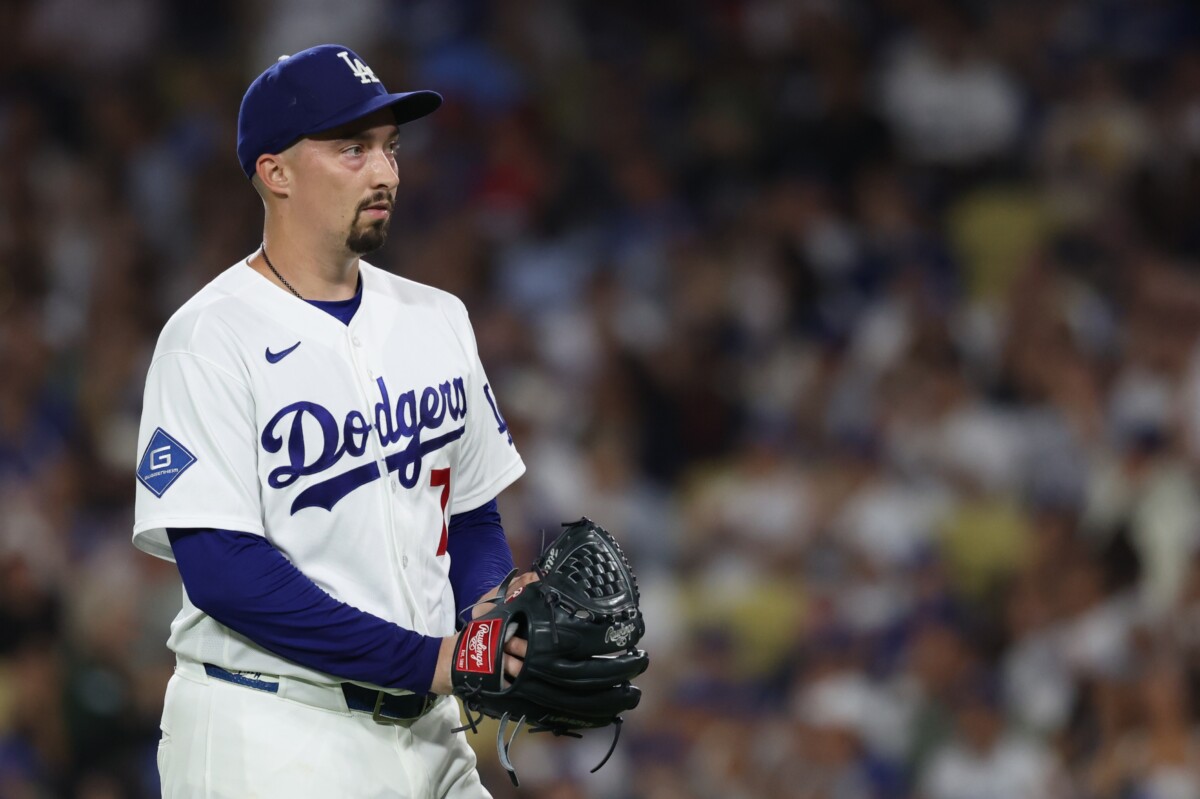 Sep 4, 2026; Los Angeles, California, USA; Los Angeles Dodgers pitcher Blake Snell (7) reacts during the fifth inning against the Washington Nationals at Dodger Stadium. Mandatory Credit: Kiyoshi Mio-Imagn Images