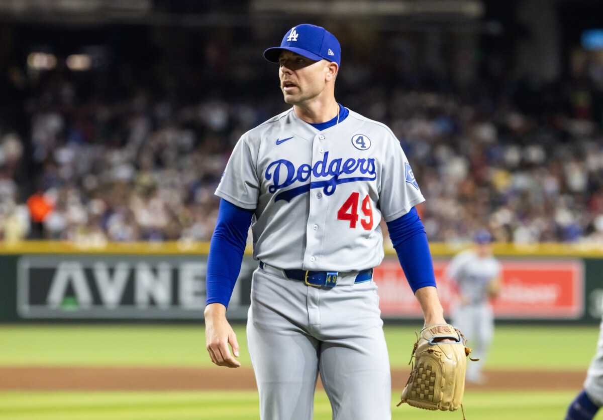 Jun 2, 2026; Phoenix, Arizona, USA; Los Angeles Dodgers pitcher Blake Treinen against the Arizona Diamondbacks at Chase Field. Mandatory Credit: Mark J. Rebilas-Imagn Images