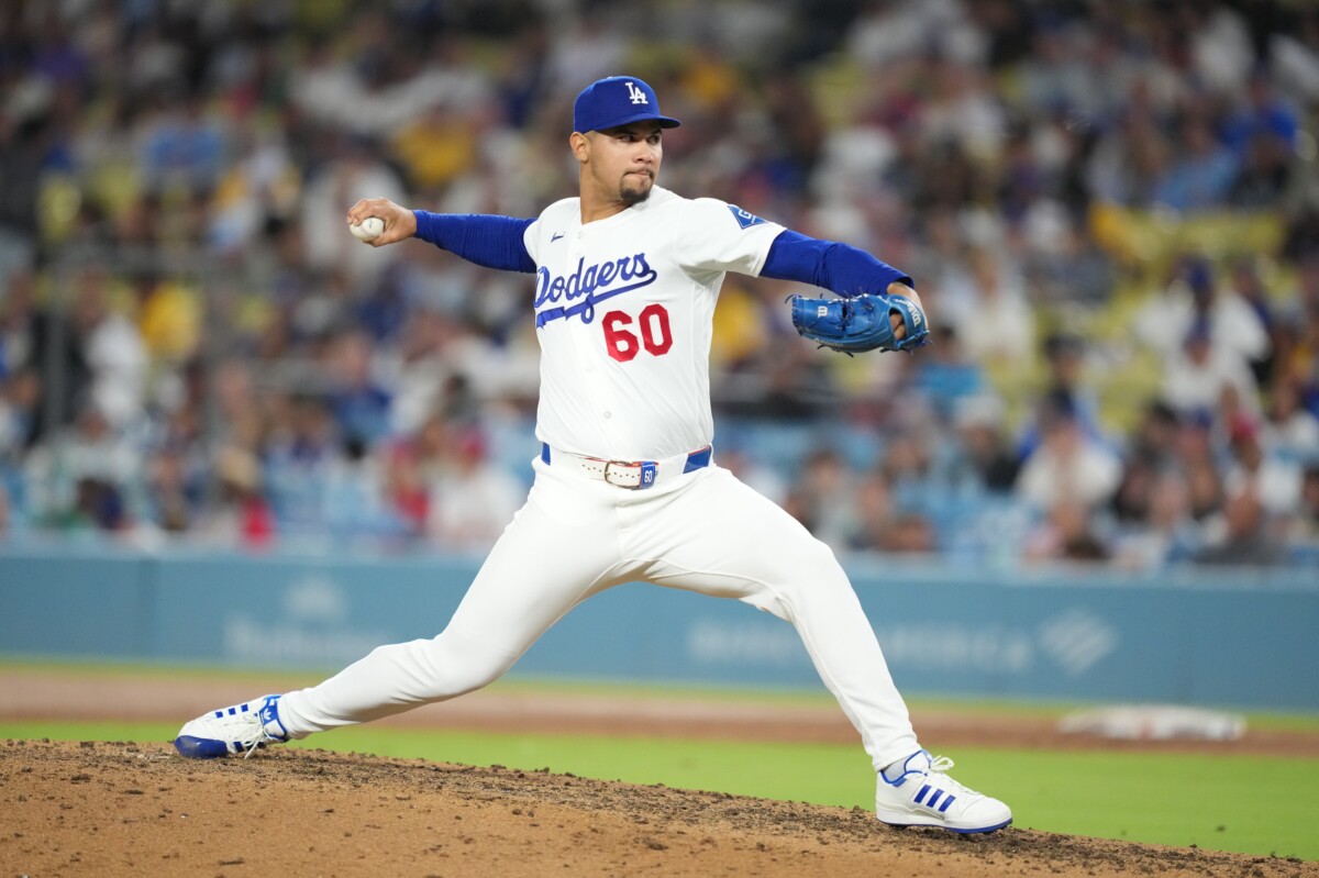 Sep 3, 2026; Los Angeles, California, USA; Los Angeles Dodgers pitcher Edgardo Henriquez (60) throws a pitch against the St. Louis Cardinals during the sixth inning at Dodger Stadium. Mandatory Credit: Kirby Lee-Imagn Images