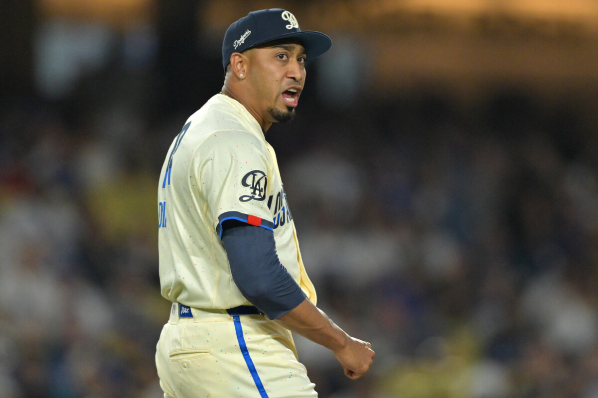 Sep 19, 2026; Los Angeles, California, USA; Los Angeles Dodgers relief pitcher Edwin Diaz (3) reacts after the final out of the eighth inning against the San Francisco Giants at Dodger Stadium. Mandatory Credit: Jayne Kamin-Oncea-Imagn Images