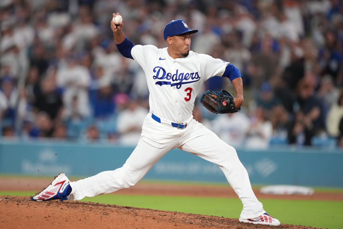 Sep 18, 2026; Los Angeles, California, USA; Los Angeles Dodgers pitches Edwin Diaz pitches during the ninth inning against the San Francisco Giants at Dodger Stadium. Mandatory Credit: Kirby Lee-Imagn Images