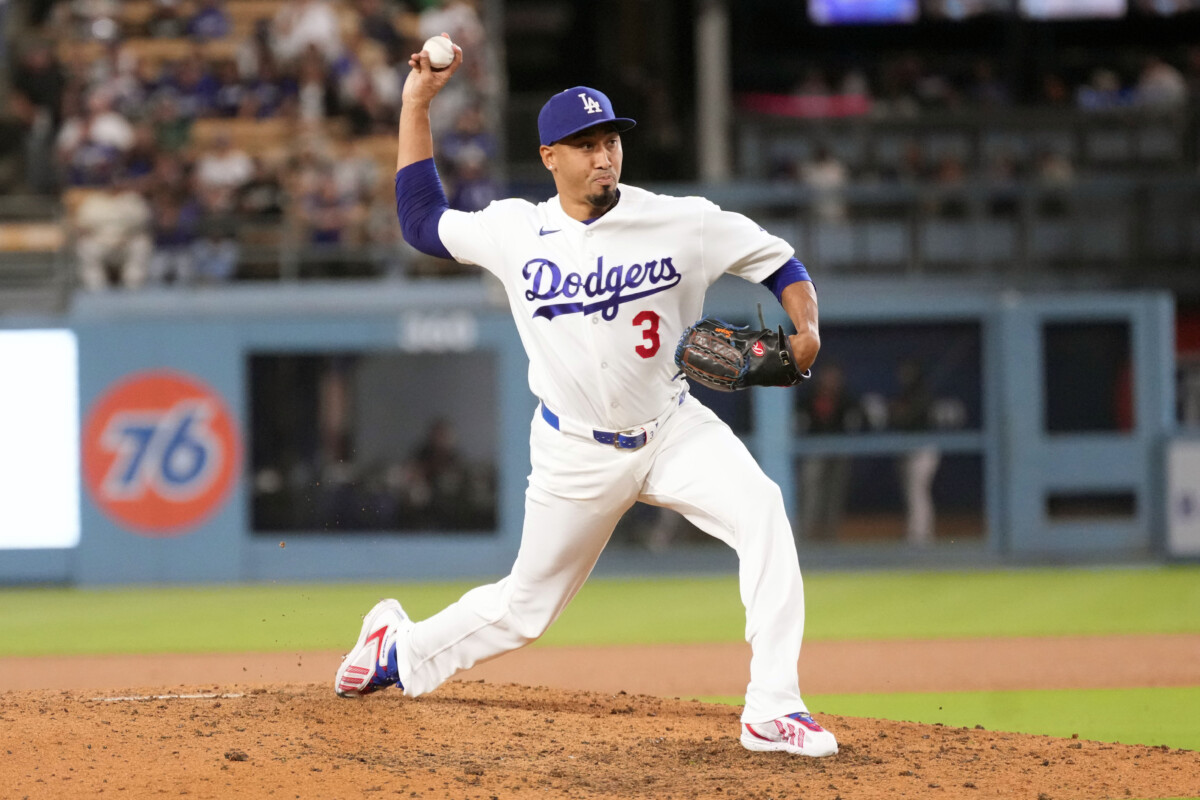 Sep 18, 2026; Los Angeles, California, USA; Los Angeles Dodgers pitcher Edwin Diaz (3) throws against the San Francisco Giants in the ninth inning at Dodger Stadium. Mandatory Credit: Kirby Lee-Imagn Images