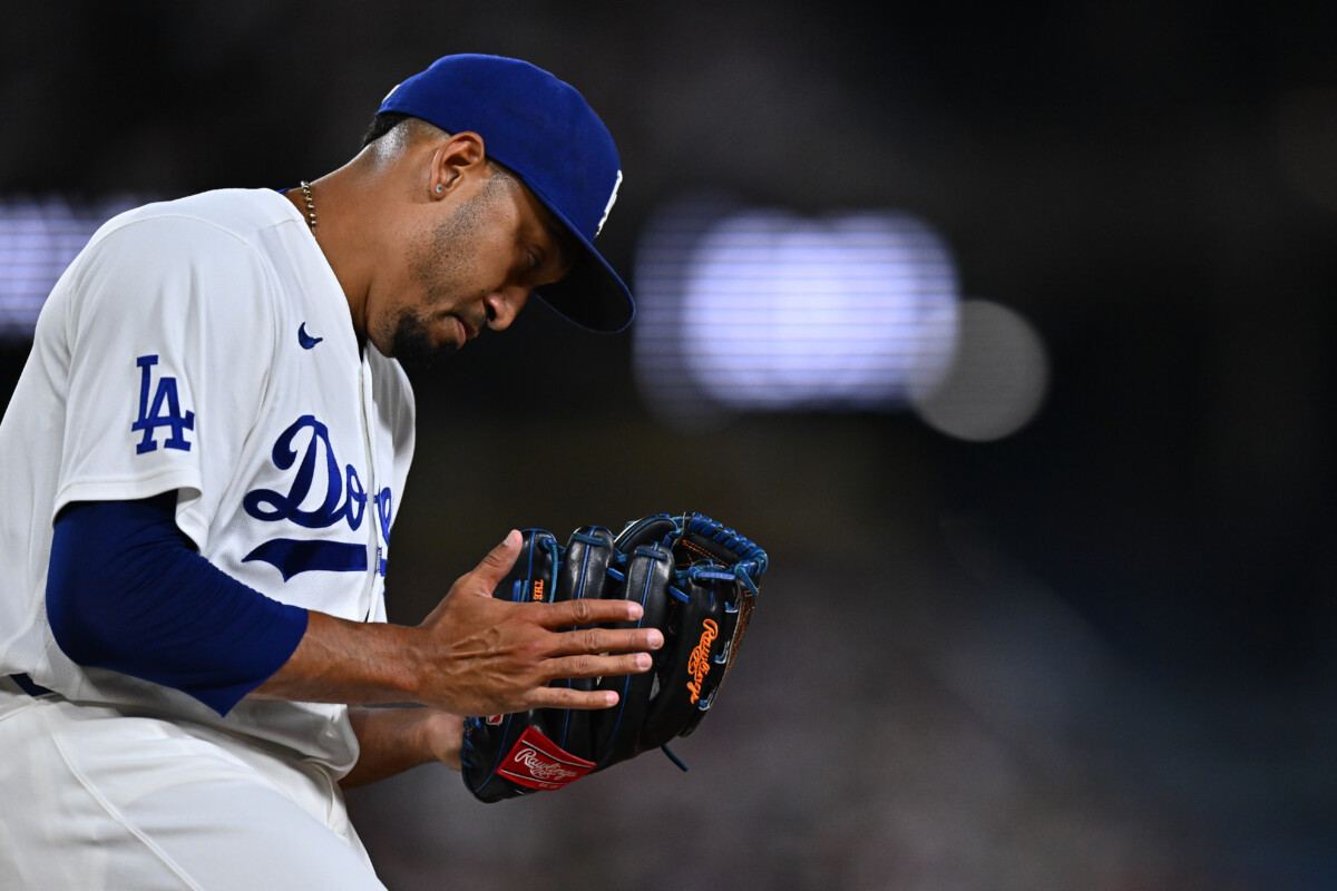 Sep 22, 2026; Los Angeles, California, USA;  Los Angeles Dodgers pitcher Edwin Diaz (3) reacts after getting the third out during the fifth inning against the San Diego Padres at Dodger Stadium.  Mandatory Credit: William Liang-Imagn Images