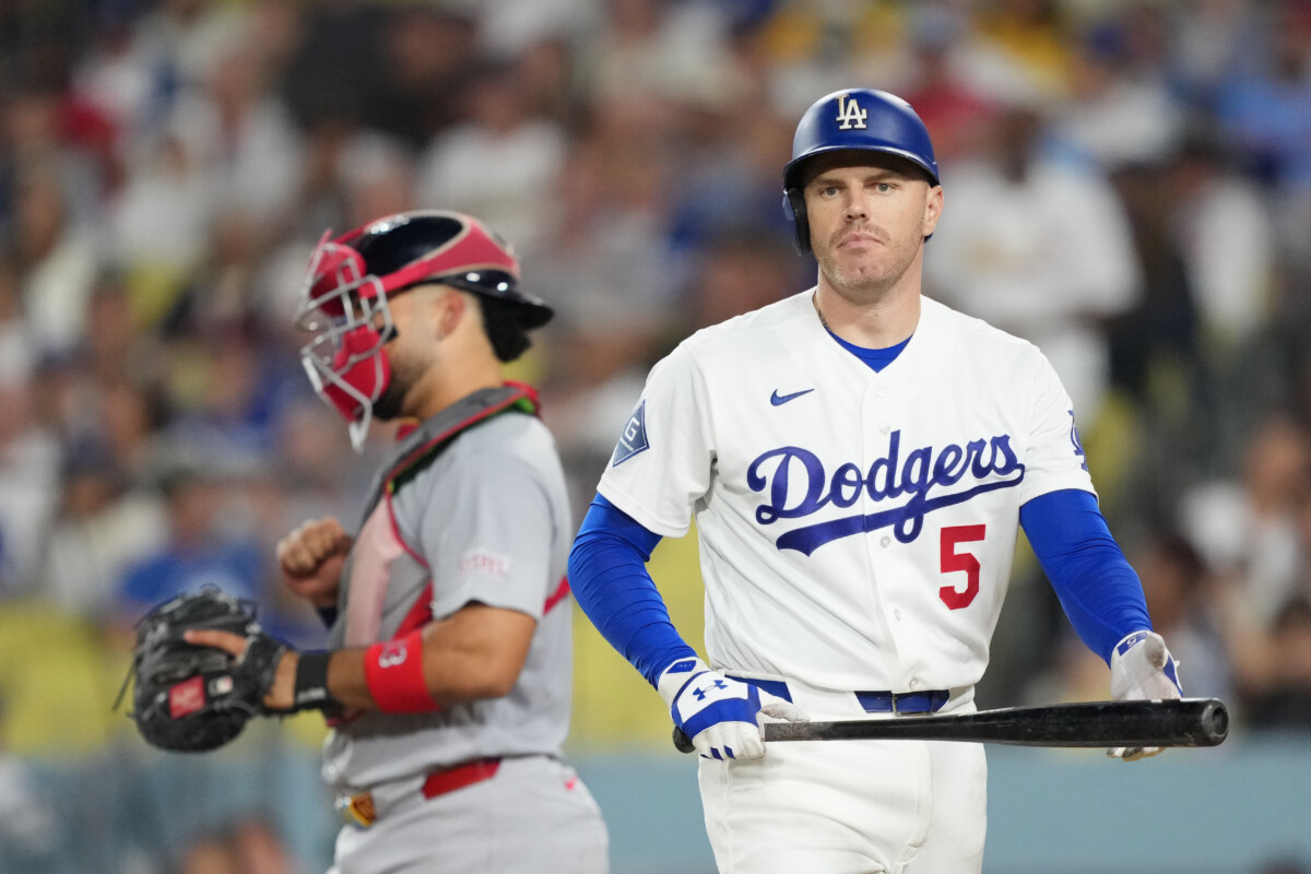 Sep 3, 2026; Los Angeles, California, USA; Los Angeles Dodgers infielder Freddie Freeman (5) reacts after striking out against St. Louis Cardinals pitcher George Soriano (not pictured) and catcher Leo Bernal (13) during the eighth inning at Dodger Stadium. Mandatory Credit: Kirby Lee-Imagn Images