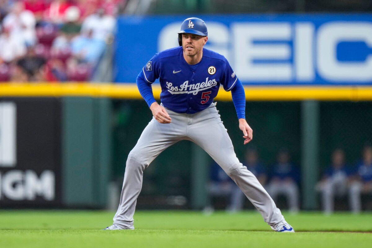 Los Angeles Dodgers first baseman Freddie Freeman (5) leads off from first base in the first inning of the MLB National League game between the Cincinnati Reds and the Los Angeles Dodgers at Great American Ball Park in Cincinnati on Tuesday, Sept. 15, 2026. The Dodgers led 3-0 after three innings.