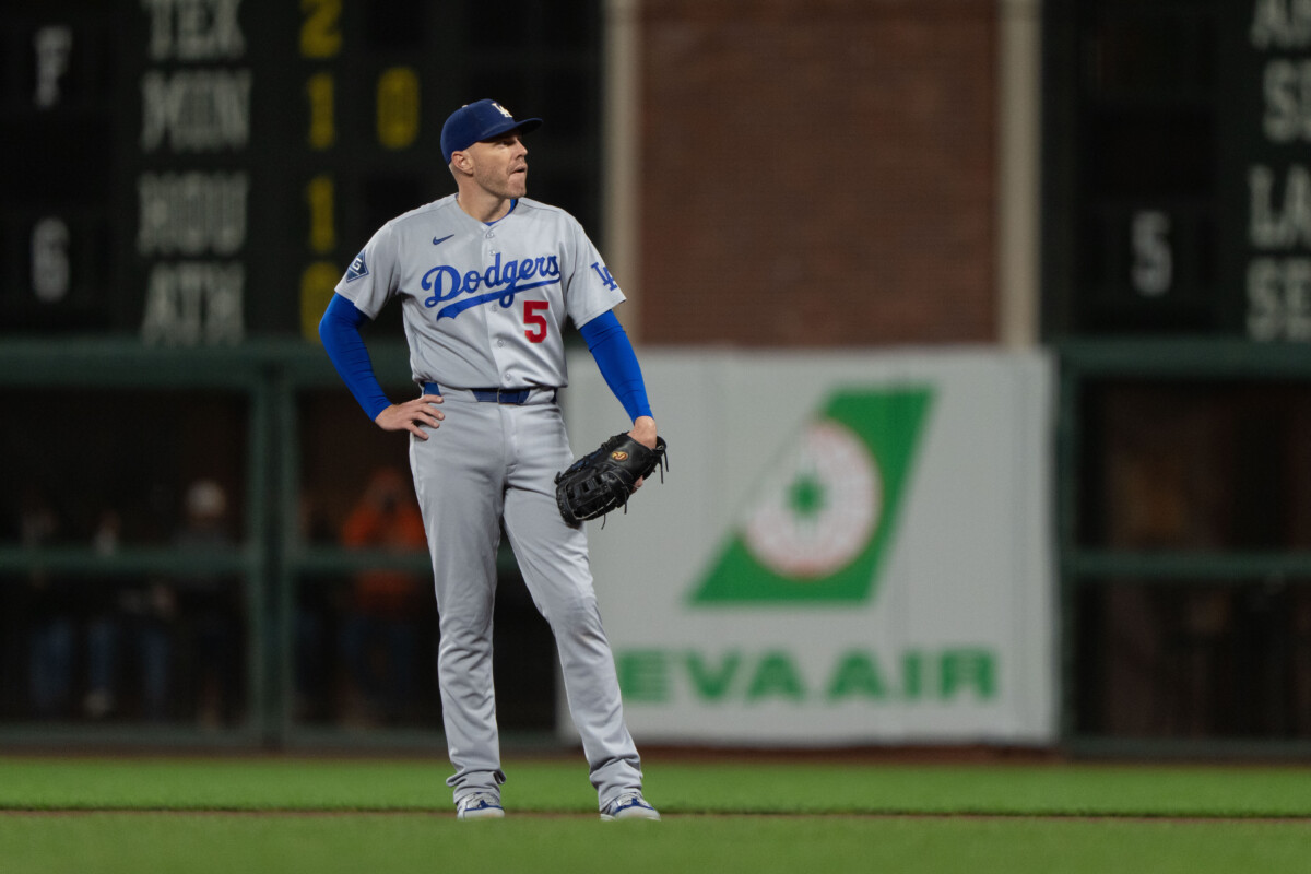 Sep 25, 2026; San Francisco, California, USA; Los Angeles Dodgers first baseman Freddie Freeman (5) looks on during the fifth inning against the San Francisco Giants at Oracle Park. Mandatory Credit: Stan Szeto-Imagn Images