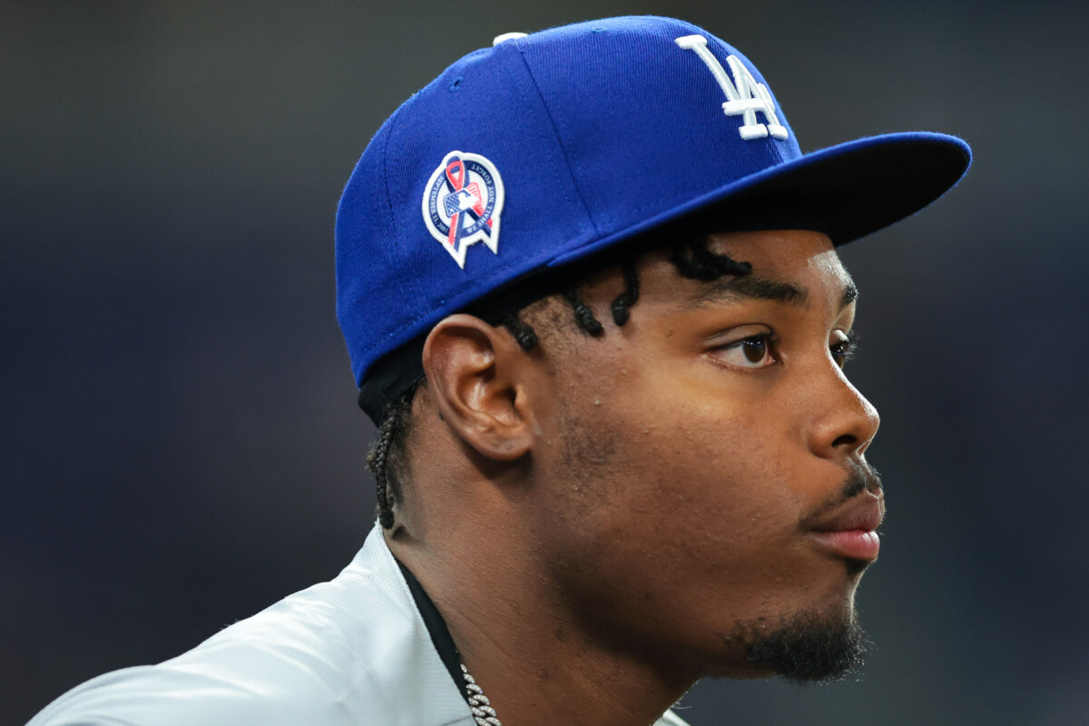 Sep 11, 2026; Miami, Florida, USA; Los Angeles Dodgers designated hitter Josue De Paula (95) looks on before the game against the Miami Marlins at loanDepot Park. Mandatory Credit: Sam Navarro-Imagn Images