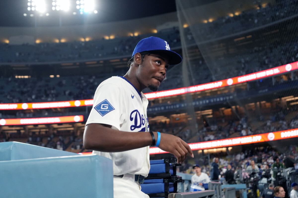 Sep 18, 2026; Los Angeles, California, USA; Los Angeles Dodgers designated hitter Josue de Paula (95) reacts at the end of the game against the San Francisco Giants at Dodger Stadium. Mandatory Credit: Kirby Lee-Imagn Images