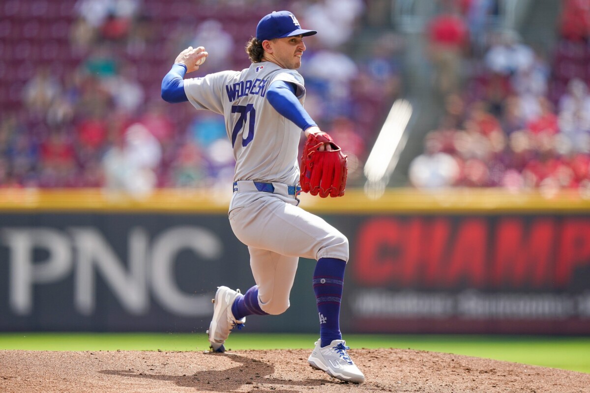 Los Angeles Dodgers pitcher Justin Wrobleski (70) throws a pitch in the first inning of a MLB game between the Cincinnati Reds and Los Angeles Dodgers, Thursday, Sept. 17, 2026, at Great American Ball Park in downtown Cincinnati.