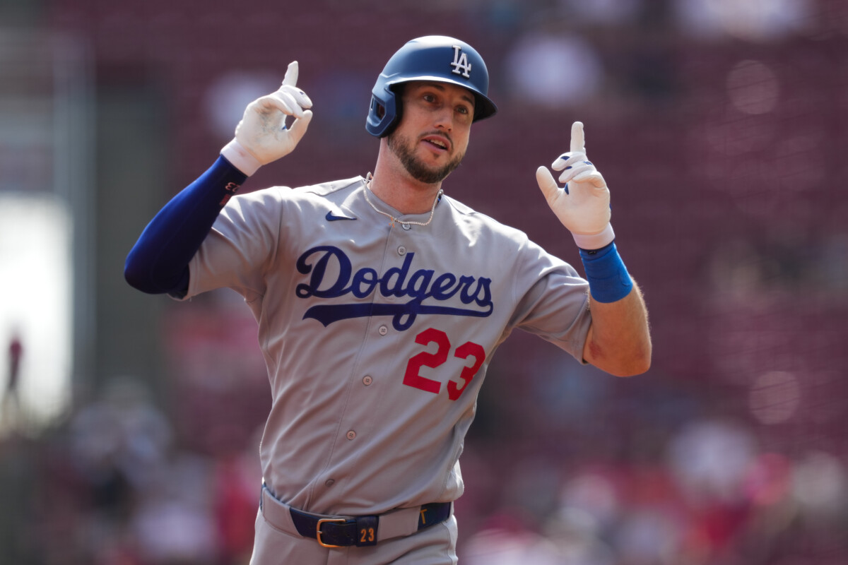 Sep 17, 2026; Cincinnati, Ohio, USA; Los Angeles Dodgers outfielder Kyle Tucker (23) gestures as he runs the bases after hitting a two-run home run against the Cincinnati Reds in the first inning at Great American Ball Park. Mandatory Credit: Aaron Doster-Imagn Images