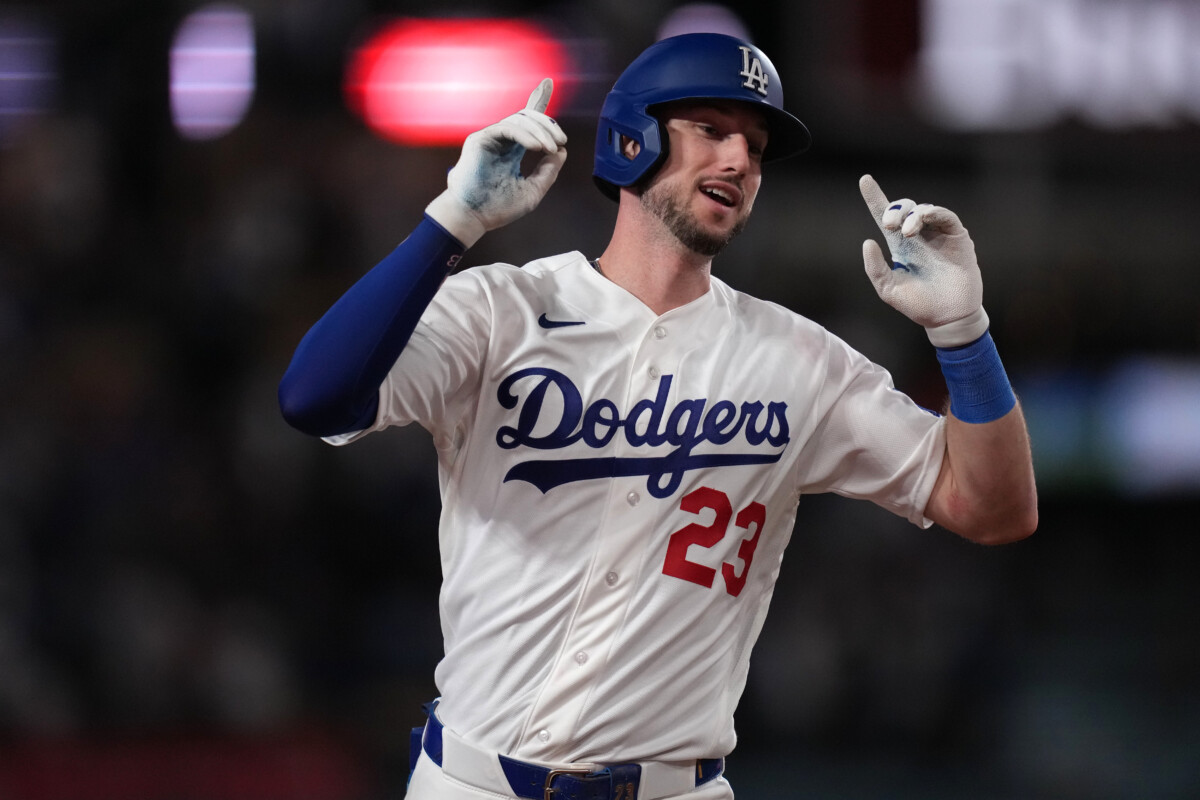 Sep 18, 2026; Los Angeles, California, USA; Los Angeles Dodgers right fielder Kyle Tucker (23) celebrates after hitting a solo home run during the eighth inning against the San Francisco Giants at Dodger Stadium. Mandatory Credit: Kirby Lee-Imagn Images