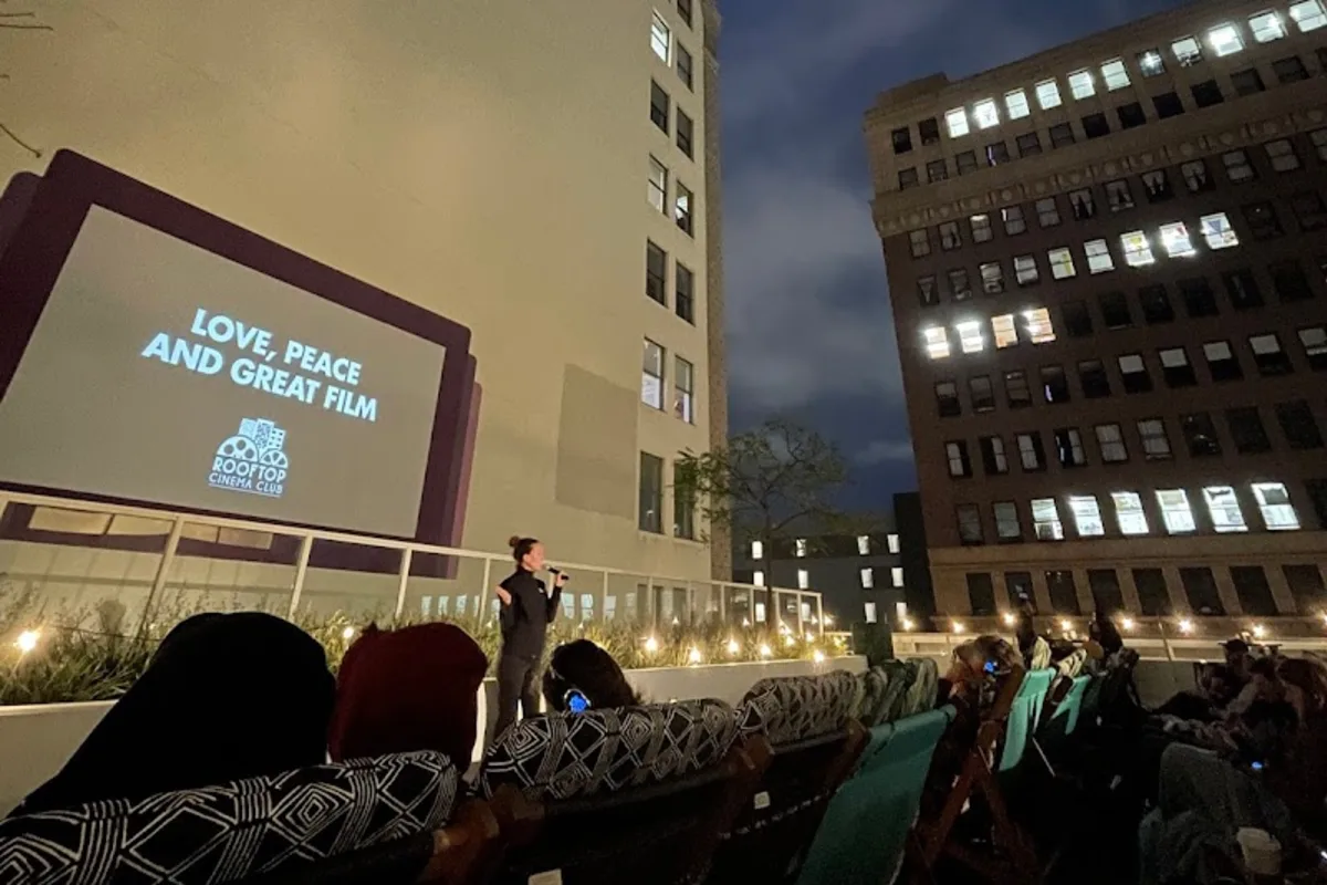 Movie being shown on a rooftop in downtown Los Angeles