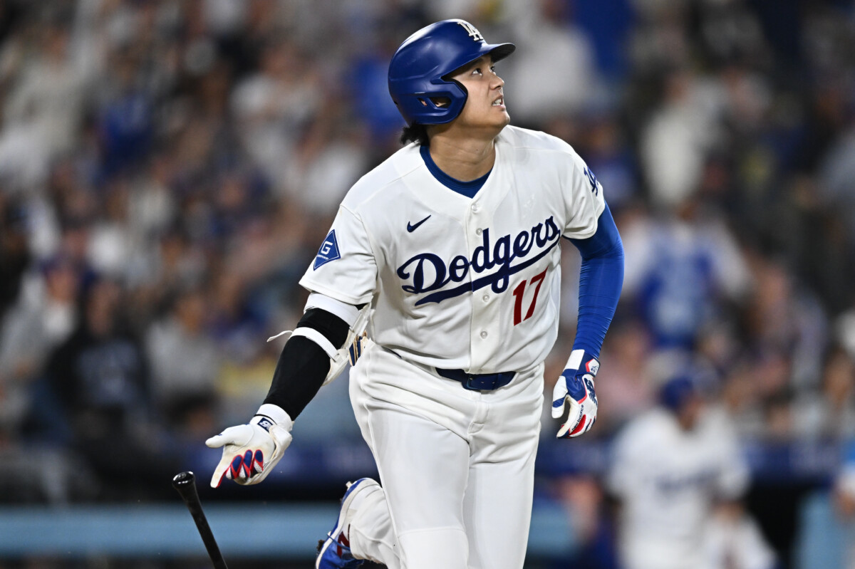 Sep 24, 2026; Los Angeles, California, USA; Los Angeles Dodgers pitcher Shohei Ohtani (17) bats against the San Diego Padres in the first inning at Dodger Stadium. Mandatory Credit: William Liang-Imagn Images