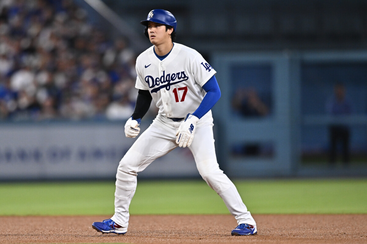 Sep 24, 2026; Los Angeles, California, USA; Los Angeles Dodgers pitcher Shohei Ohtani (17) prepares to run to second base in the third inning against the San Diego Padres at Dodger Stadium. Mandatory Credit: William Liang-Imagn Images