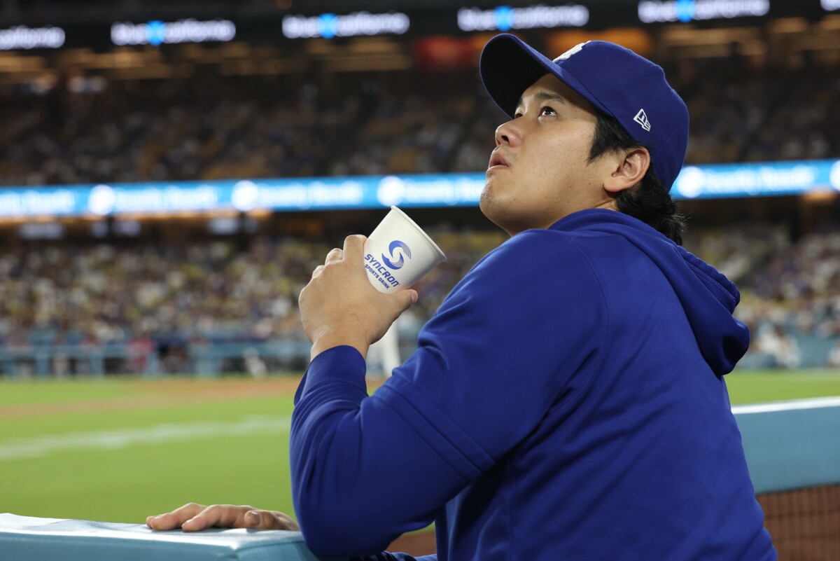 Sep 4, 2026; Los Angeles, California, USA; Los Angeles Dodgers pitcher Shohei Ohtani (17) looks on during the eighth inning against the Washington Nationals at Dodger Stadium. Mandatory Credit: Kiyoshi Mio-Imagn Images