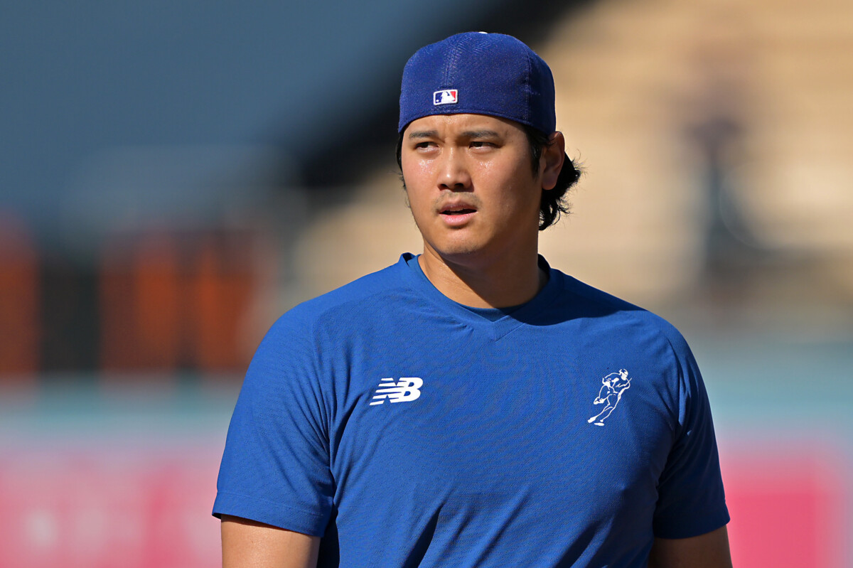 Sep 19, 2026; Los Angeles, California, USA; Los Angeles Dodgers designated hitter Shohei Ohtani (17) works out on the field prior to the game against the San Francisco Giants at Dodger Stadium. Mandatory Credit: Jayne Kamin-Oncea-Imagn Images