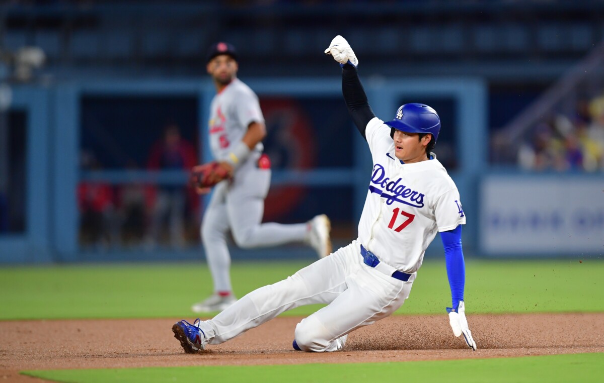 Sep 2, 2026; Los Angeles, California, USA; Los Angeles Dodgers pitcher Shohei Ohtani (17) steals second during the second inning against the St. Louis Cardinals at Dodger Stadium. Mandatory Credit: Gary A. Vasquez-Imagn Images