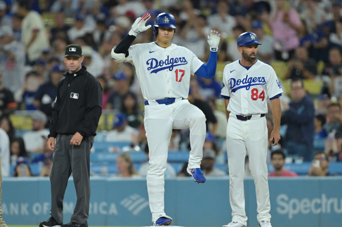 Sep 23, 2026; Los Angeles, California, USA; Los Angeles Dodgers pitcher Shohei Ohtani (17) celebrates a single in the first inning against the San Diego Padres at Dodger Stadium. Mandatory Credit: Jayne Kamin-Oncea-Imagn Images