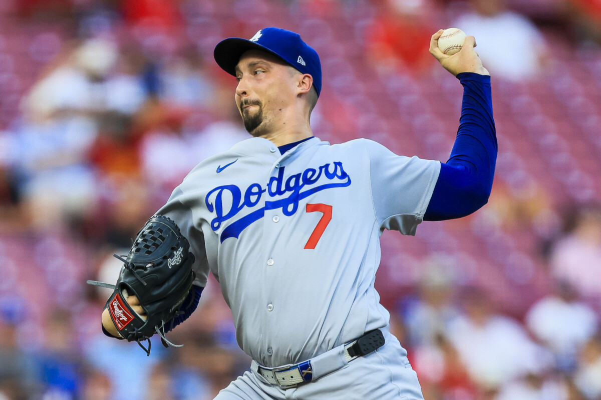 Sep 16, 2026; Cincinnati, Ohio, USA; Los Angeles Dodgers starting pitcher Blake Snell (7) pitches against the Cincinnati Reds in the first inning at Great American Ball Park. Mandatory Credit: Katie Stratman-Imagn Images