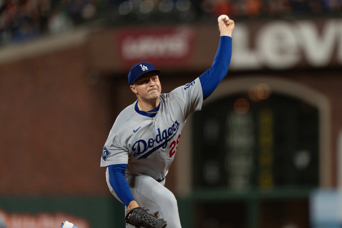 Sep 25, 2026; San Francisco, California, USA; Los Angeles Dodgers pitcher Tarik Skubal (29) pitches during the first inning against the San Francisco Giants at Oracle Park. Mandatory Credit: Stan Szeto-Imagn Images