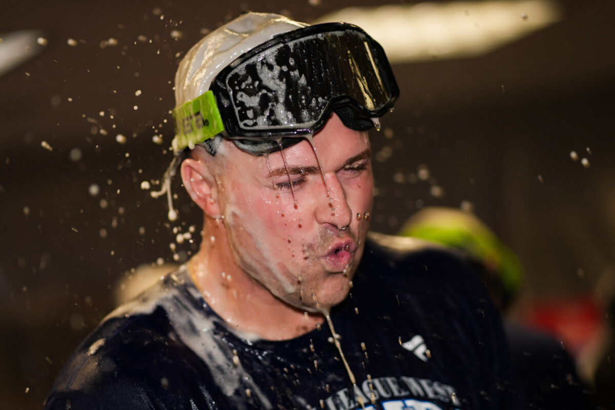 Sep 17, 2026; Cincinnati, Ohio, USA; Los Angeles Dodgers pitcher Tarik Skubal celebrates after clinching the National League West title after the game against the Cincinnati Reds at Great American Ball Park. Mandatory Credit: Aaron Doster-Imagn Images