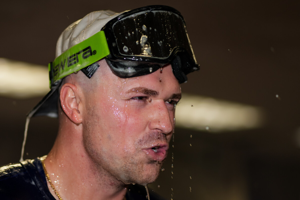 Sep 17, 2026; Cincinnati, Ohio, USA; Los Angeles Dodgers pitcher Tarik Skubal celebrates after clinching the National League West title after the game against the Cincinnati Reds at Great American Ball Park. Mandatory Credit: Aaron Doster-Imagn Images