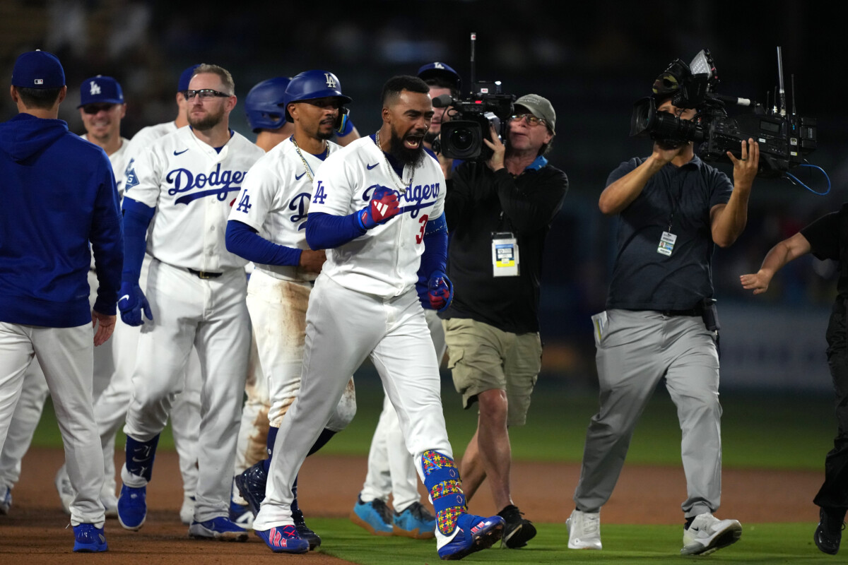 Sep 3, 2026; Los Angeles, California, USA; Los Angeles Dodgers outfielder Teoscar Hernandez (37) celebrates with teammates after hitting a walk off two RBI double against St. Louis Cardinals pitcher Riley O'Brien (not pictured) during the ninth inning at Dodger Stadium. Mandatory Credit: Kirby Lee-Imagn Images