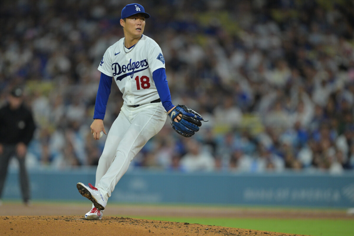 Sep 23, 2026; Los Angeles, California, USA; Los Angeles Dodgers pitcher Yoshinobu Yamamoto (18) delivers in the third inning against the San Diego Padres at Dodger Stadium. Mandatory Credit: Jayne Kamin-Oncea-Imagn Images
