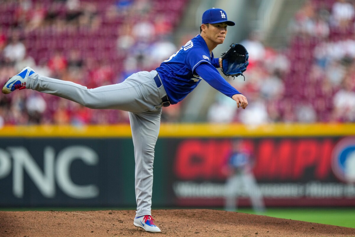Los Angeles Dodgers pitcher Yoshinobu Yamamoto (18) throws a pitch in the first inning of the MLB National League game between the Cincinnati Reds and the Los Angeles Dodgers at Great American Ball Park in Cincinnati on Tuesday, Sept. 15, 2026. The Dodgers led 3-0 after three innings.