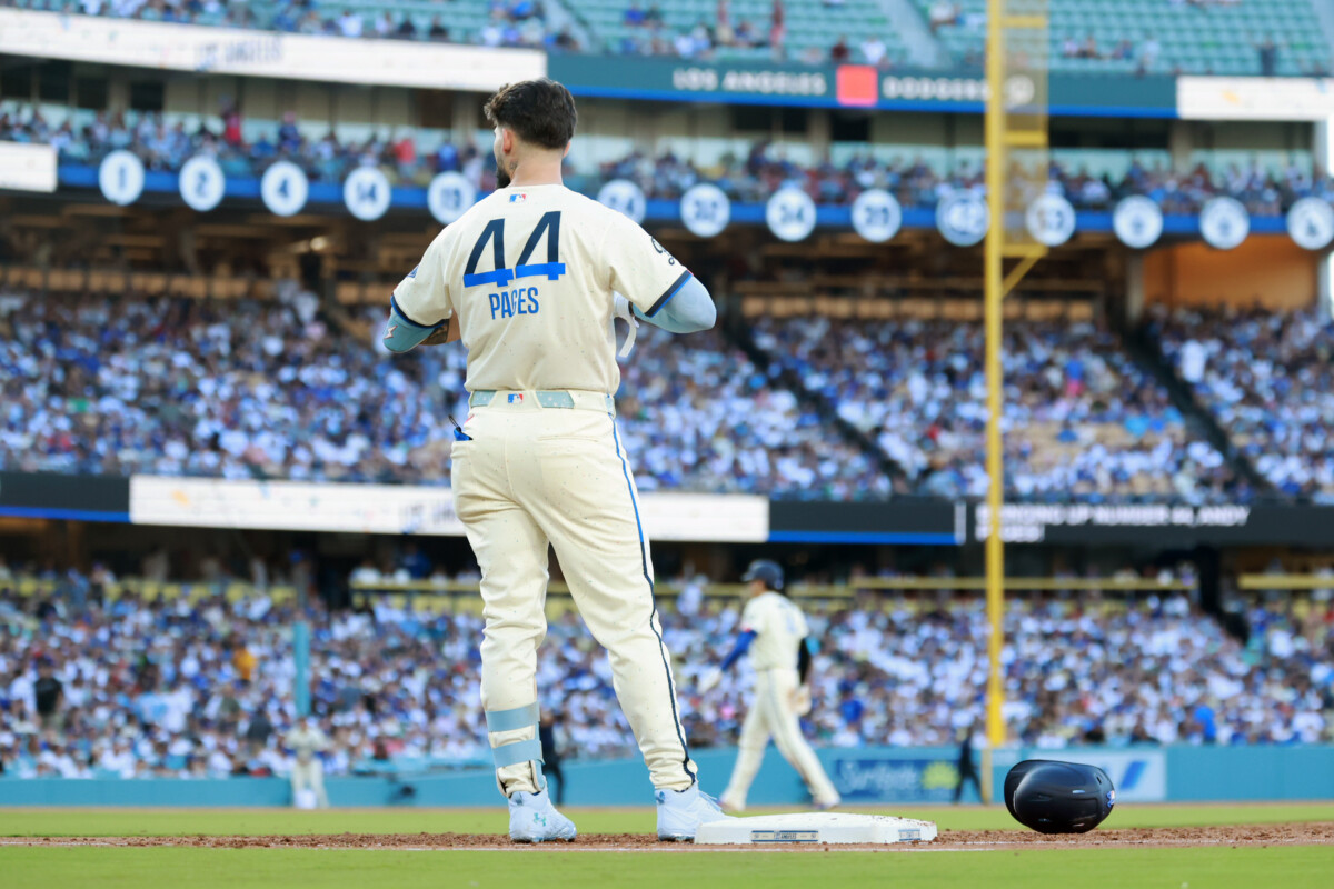 Aug 1, 2026; Los Angeles, California, USA; Los Angeles Dodgers outfielder Andy Pages (44) stands at first base after grounding out against the Boston Red Sox during the second inning at Dodger Stadium. Mandatory Credit: William Navarro-Imagn Images
