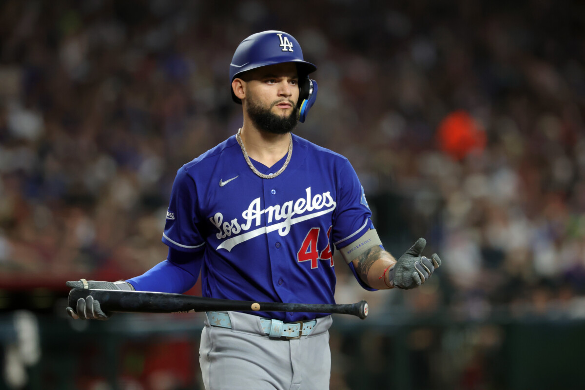 Aug 9, 2026; Phoenix, Arizona, USA; Los Angeles Dodgers outfielder Andy Pages against the Arizona Diamondbacks at Chase Field. Mandatory Credit: Mark J. Rebilas-Imagn Images