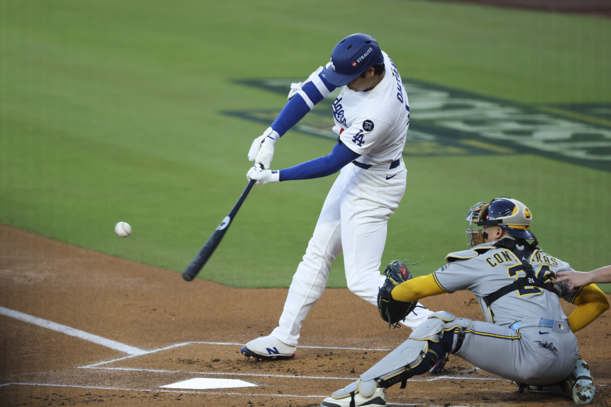 Shohei Ohtani hits a home run against the Milwaukee Brewers in the 2025 NLCS