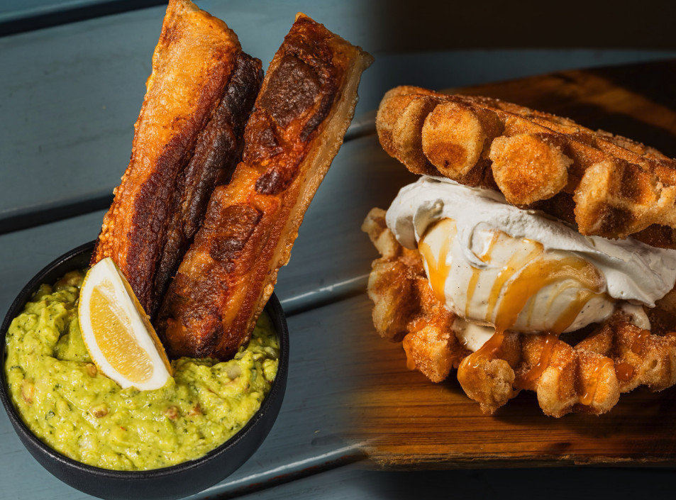 Chicharron with guacamole and a churro waffle ice cream sandwich