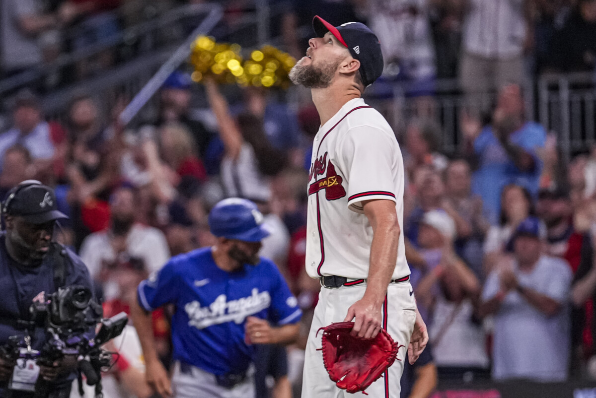 Aug 27, 2026; Cumberland, Georgia, USA; Atlanta Braves pitcher Chris Sale (51) reacts after the Braves defeated the Los Angeles Dodgers at Truist Park. Mandatory Credit: Dale Zanine-Imagn Images