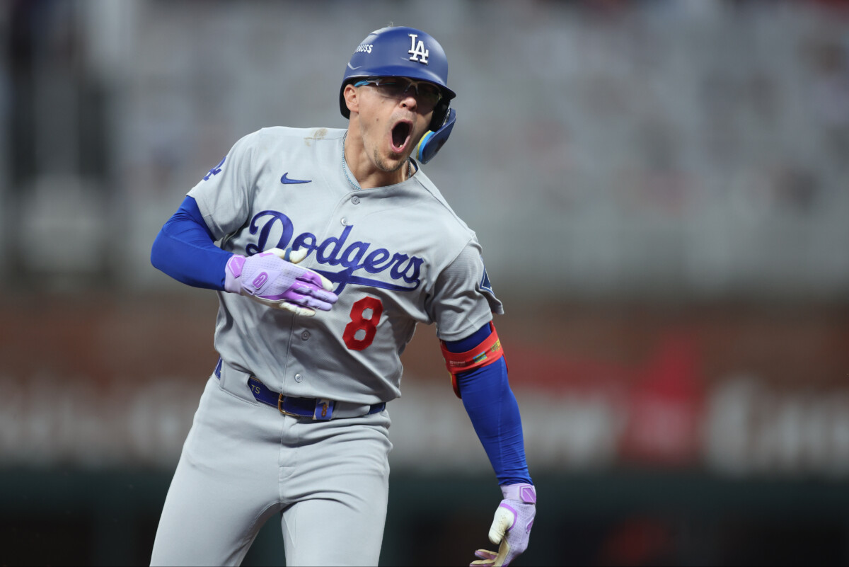 Oct 6, 2026; Cumberland, Georgia, USA; Los Angeles Dodgers third baseman Enrique Hernandez (8) circles the bases after hitting a two-run home run during the fourth inning against the Atlanta Braves at Truist Park. Mandatory Credit: Brett Davis-Imagn Images