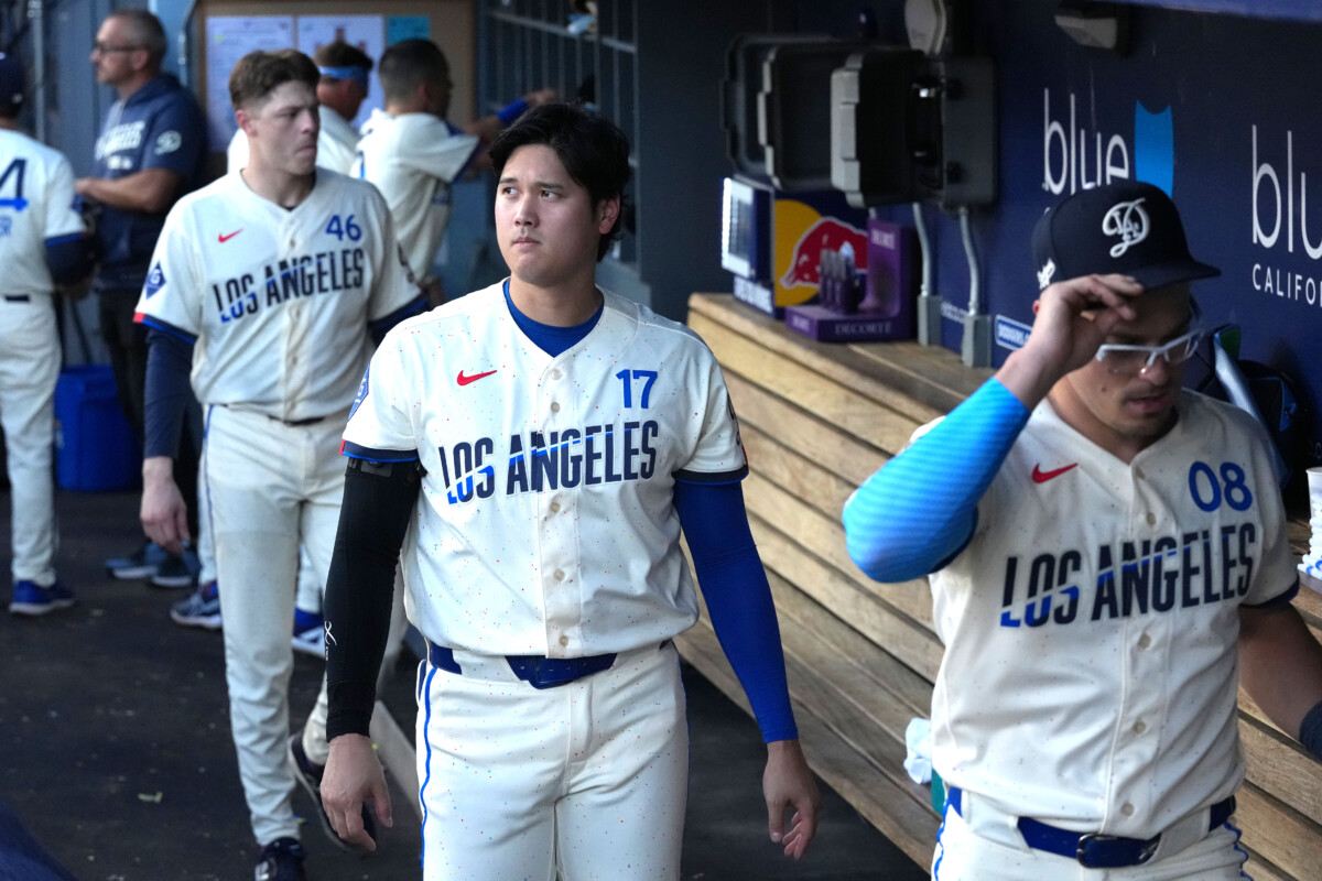 Aug 15, 2026; Los Angeles, California, USA; Los Angeles Dodgers designated hitter Shohei Ohtani (17) reacts at the end of the game against the Milwaukee Brewers at Dodger Stadium. Mandatory Credit: Kirby Lee-Imagn Images