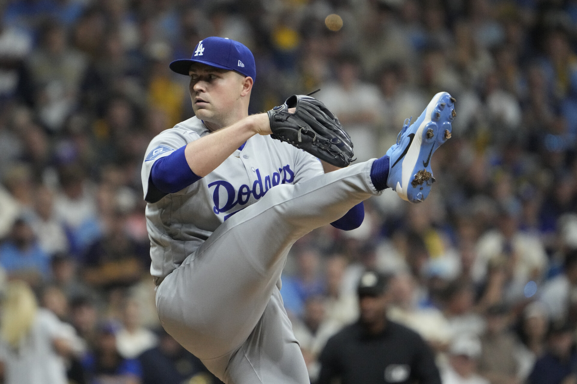Oct 11, 2026; Milwaukee, Wisconsin, USA; Los Angeles Dodgers pitcher Tarik Skubal (29) pitches against the Milwaukee Brewers in game one of the NLCS for the 2026 MLB Playoffs at American Family Field. Mandatory Credit: Michael McLoone-Imagn Images
