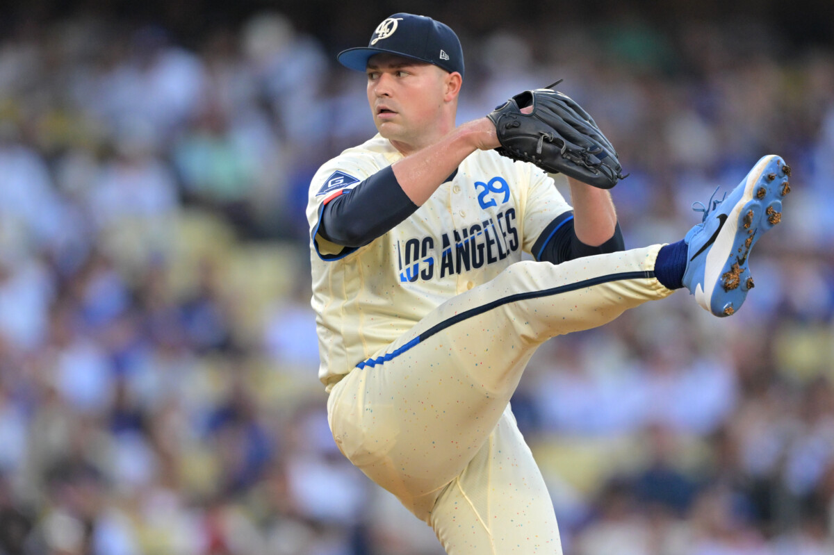 Sep 19, 2026; Los Angeles, California, USA; Los Angeles Dodgers pitcher Tarik Skubal (29) pitches against the San Francisco Giants in the first inning at Dodger Stadium. Mandatory Credit: Jayne Kamin-Oncea-Imagn Images