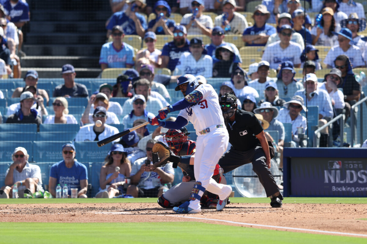 Oct 3, 2026; Los Angeles, California, USA; Los Angeles Dodgers outfielder Teoscar Hernandez (37) hits a two run home run during the fourth inning of game one of the NLDS against the Atlanta Braves for the 2026 MLB Playoffs at Uniqlo Field at Dodger Stadium. Mandatory Credit: Kiyoshi Mio-Imagn Images