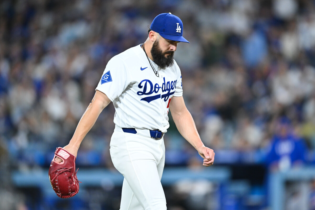 Apr 24, 2026; Los Angeles, California, USA; Los Angeles Dodgers pitcher Alex Vesia (51) walks off the mound during the seventh inning against the Chicago Cubs at Dodger Stadium. Mandatory Credit: William Liang-Imagn Images