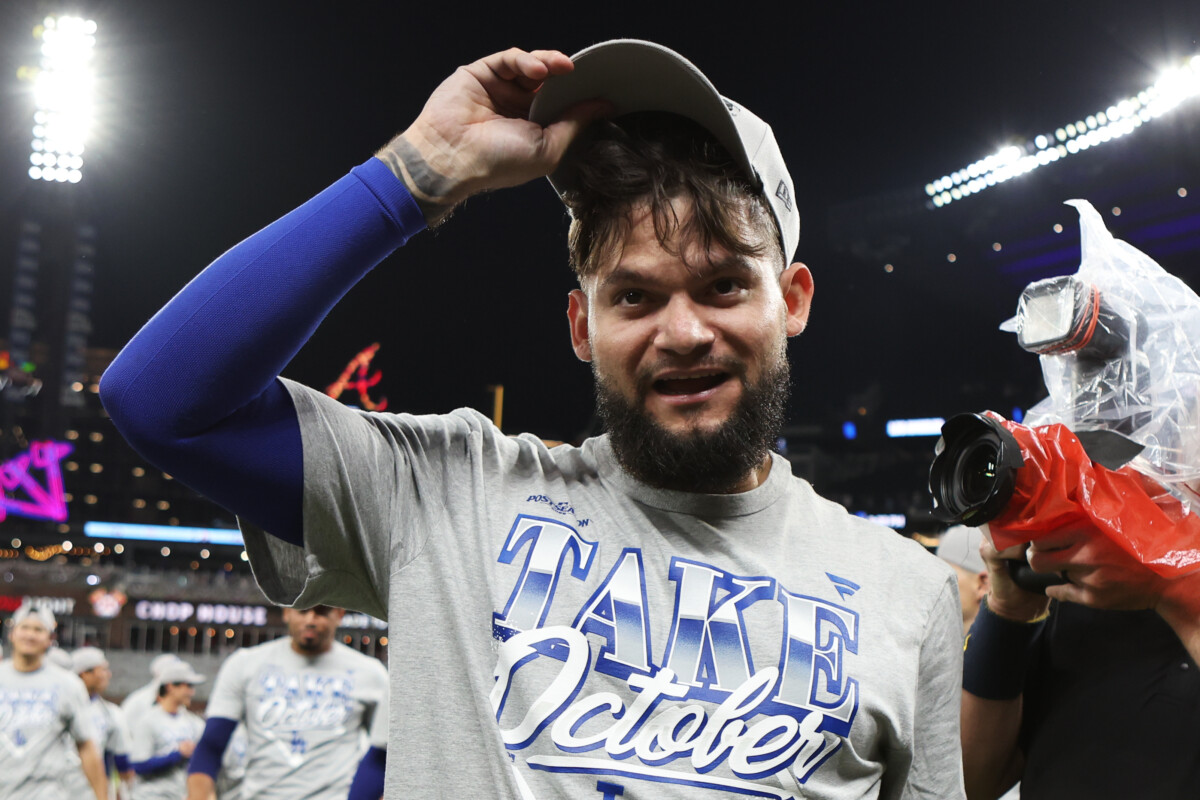 Oct 7, 2026; Cumberland, Georgia, USA; Los Angeles Dodgers outfielder Andy Pages (44) celebrates after defeating the Atlanta Braves in game four of the NLDS for the 2026 MLB Playoffs at Truist Park. Mandatory Credit: Brett Davis-Imagn Images