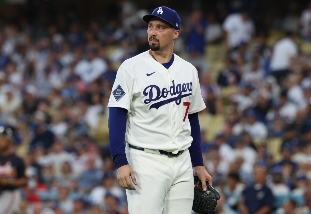 Oct 4, 2026; Los Angeles, California, USA; Los Angeles Dodgers pitcher Blake Snell (7) is relieved during the fourth inning against the Atlanta Braves in game two of the NLDS for the 2026 MLB Playoffs at Uniqlo Field at Dodger Stadium. Mandatory Credit: Kiyoshi Mio-Imagn Images