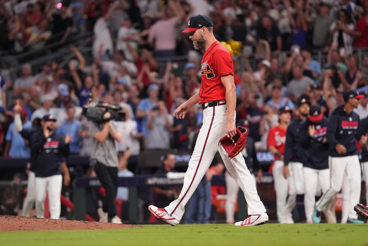 Oct 1, 2026; Cumberland, Georgia, USA; Atlanta Braves pitcher Chris Sale (51) walks on the field after defeating the Philadelphia Phillies in game three of the Wildcard round for the 2026 MLB Playoffs at Truist Field. Mandatory Credit: Dale Zanine-Imagn Images