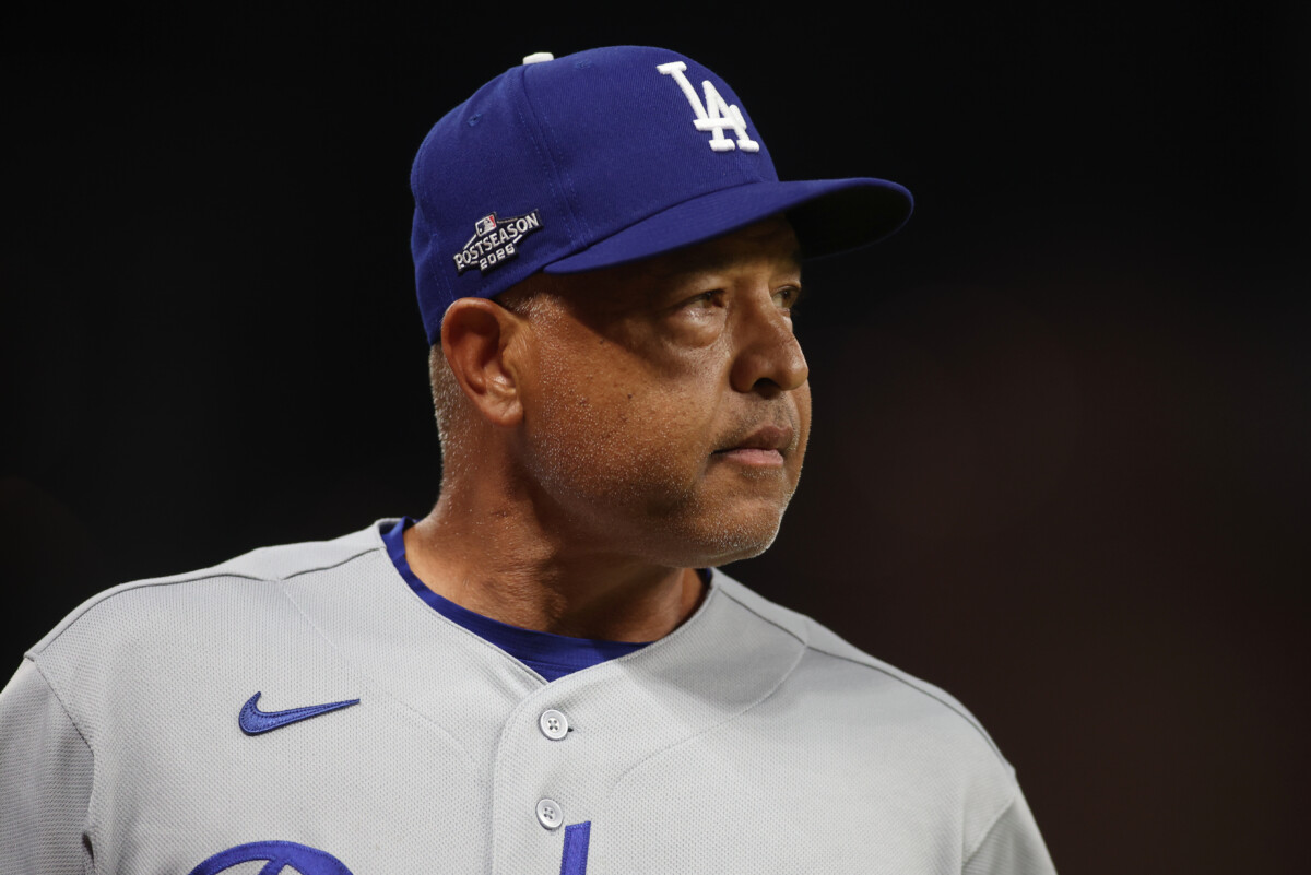 Oct 7, 2026; Cumberland, Georgia, USA; Los Angeles Dodgers manager Dave Roberts looks on during the sixth inning against the Atlanta Braves in game four of the NLDS for the 2026 MLB Playoffs at Truist Park. Mandatory Credit: Brett Davis-Imagn Images