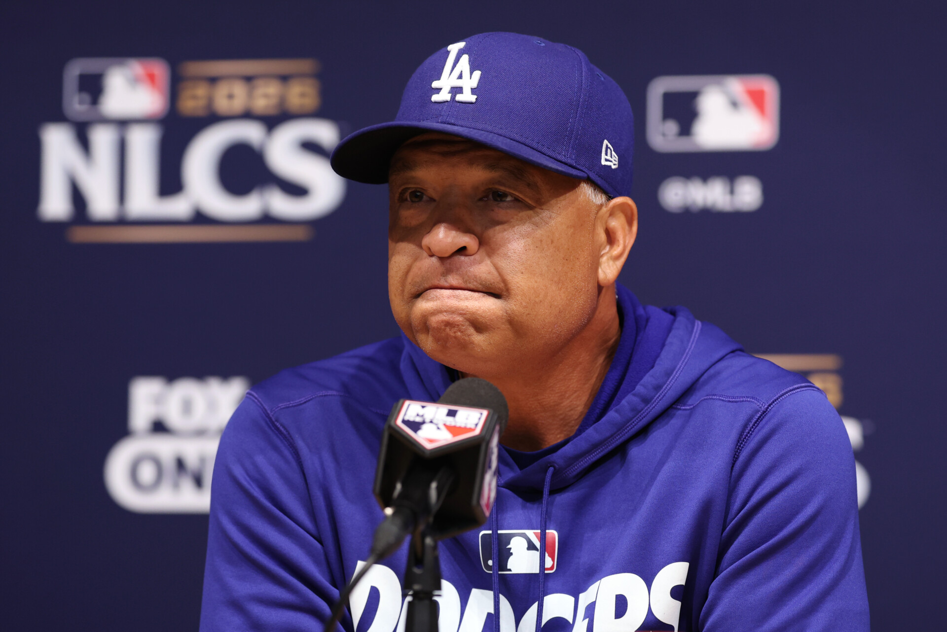 Oct 15, 2026; Los Angeles, California, USA;  Los Angeles Dodgers manager Dave Roberts speaks in a press conference before game four of the NLCS for the 2026 MLB Playoffs against the Milwaukee Brewers at Uniqlo Field at Dodger Stadium.  Mandatory Credit: Kiyoshi Mio-Imagn Images