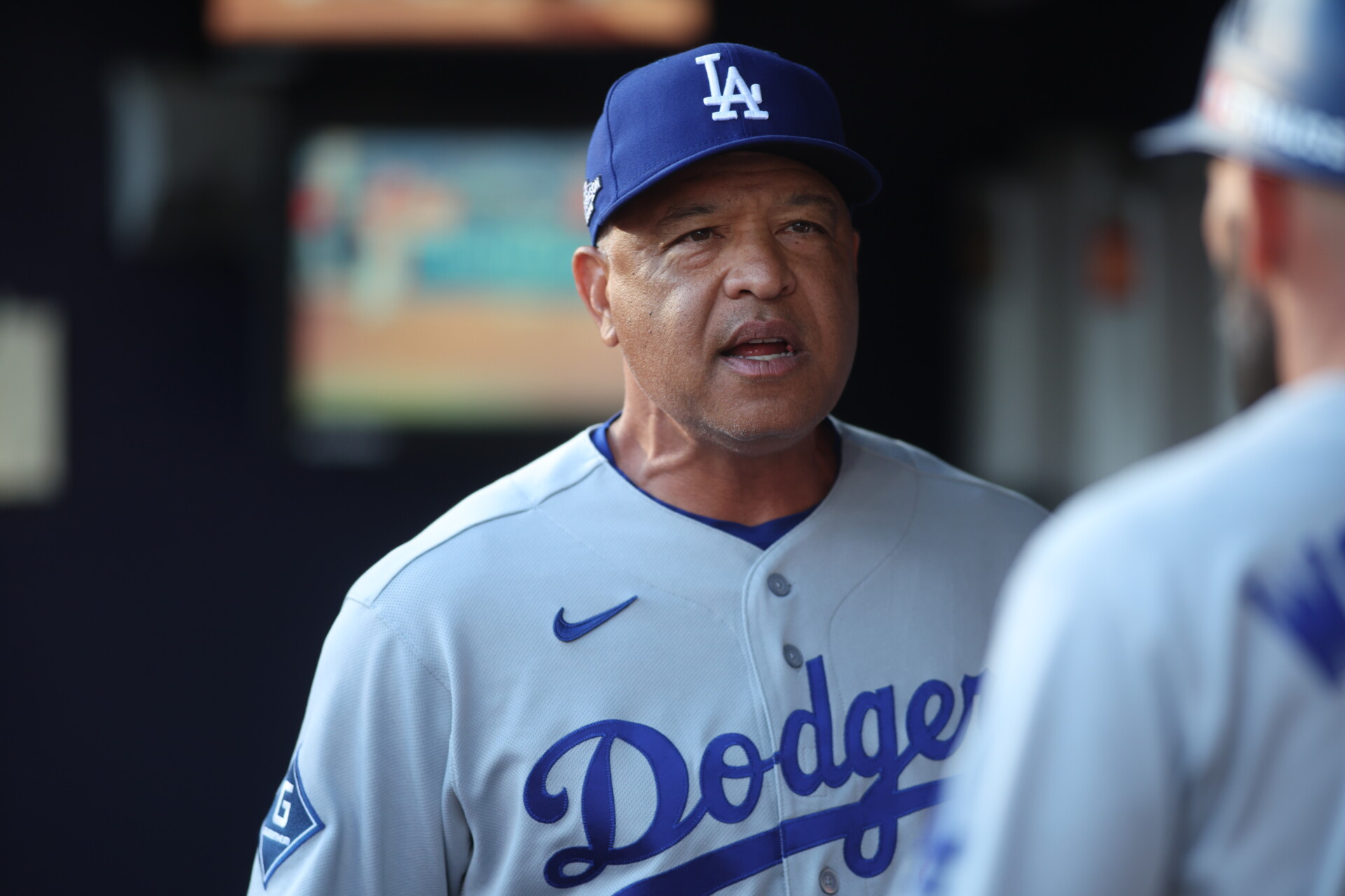 Oct 6, 2026; Cumberland, Georgia, USA; Los Angeles Dodgers manager Dave Roberts (30) in the dugout in game three of the NLDS for the 2026 MLB Playoffs against the Atlanta Braves at Truist Park. Mandatory Credit: Brett Davis-Imagn Images