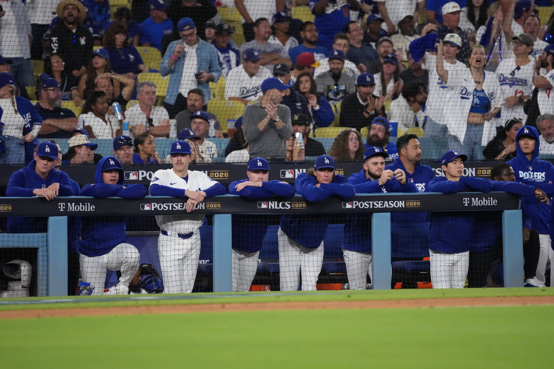 Oct 14, 2026; Los Angeles, California, USA;  The Los Angeles Dodgers dugout looks on during the ninth inning in game three of the NLCS for the 2026 MLB Playoffs against the Milwaukee Brewers at Uniqlo Field at Dodger Stadium.  Mandatory Credit: Kirby Lee-Imagn Images