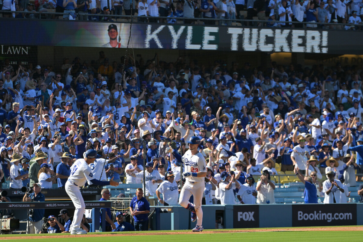 Oct 3, 2026; Los Angeles, California, USA; Los Angeles Dodgers outfielder Kyle Tucker (23) runs the bases after hitting a two run home run during the sixth inning of game one of the NLDS against the Atlanta Braves for the 2026 MLB Playoffs at Uniqlo Field at Dodger Stadium. Mandatory Credit: Jayne Kamin-Oncea-Imagn Images