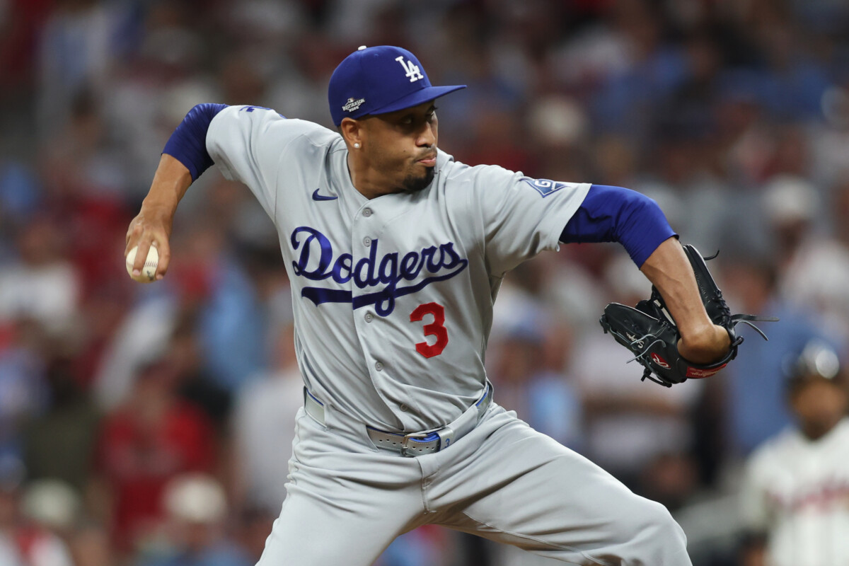 Oct 7, 2026; Cumberland, Georgia, USA; Los Angeles Dodgers pitcher Edwin Diaz (3) pitches against the Atlanta Braves during the ninth inning in game four of the NLDS for the 2026 MLB Playoffs at Truist Park. Mandatory Credit: Brett Davis-Imagn Images