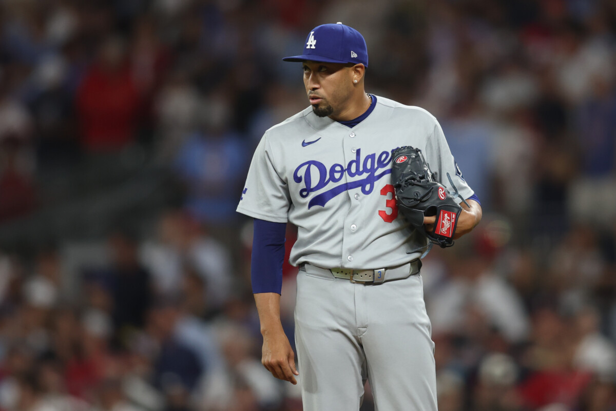 Oct 6, 2026; Cumberland, Georgia, USA;  Los Angeles Dodgers pitcher Edwin Diaz (3) prepares to pitch against the Atlanta Braves during the ninth inning at Truist Park.  Mandatory Credit: Brett Davis-Imagn Images
